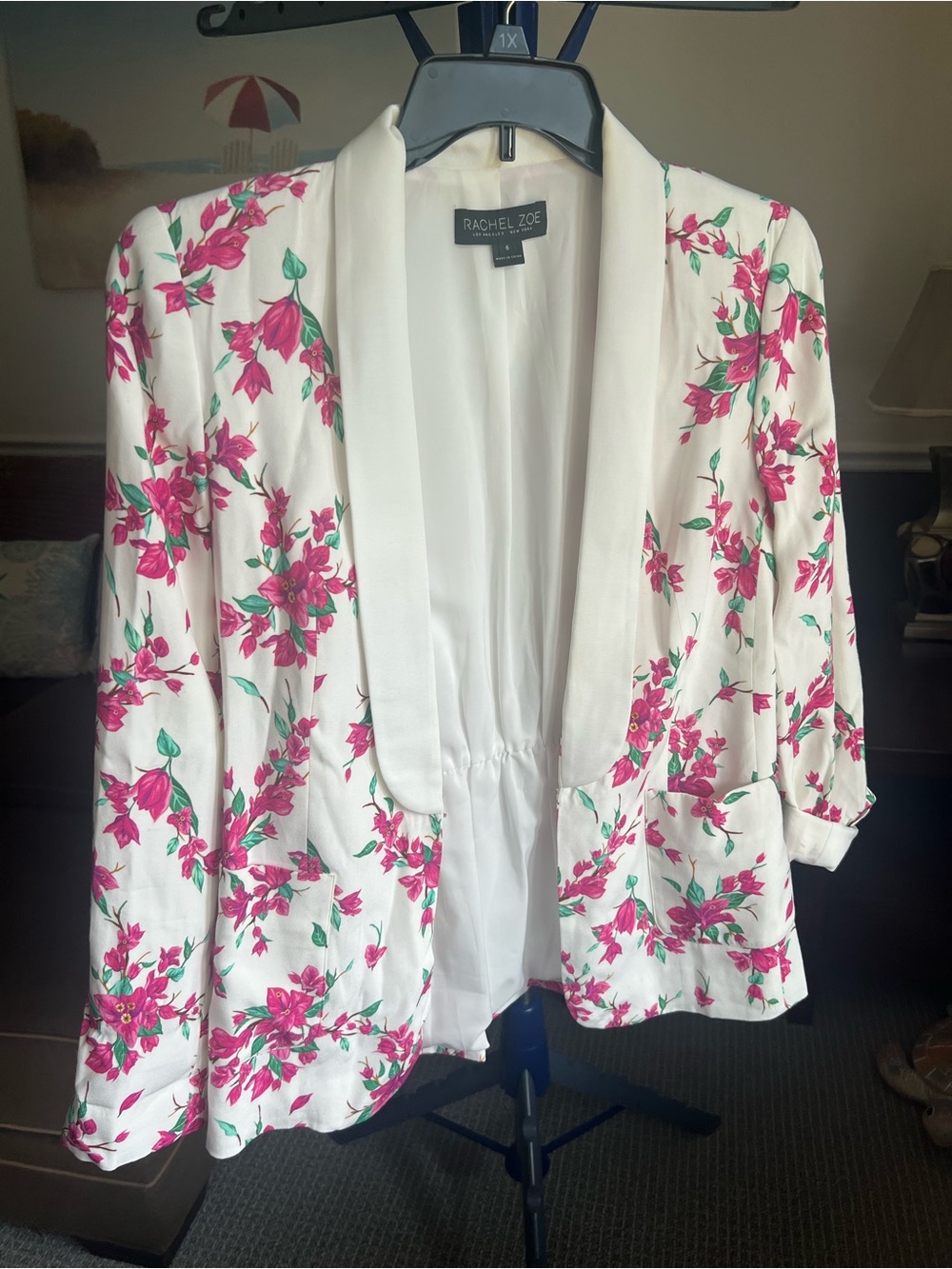 Rachel Zoe Women’s White/Pink/Green Floral Lined Open Shawl Collar Blazer 6 #399